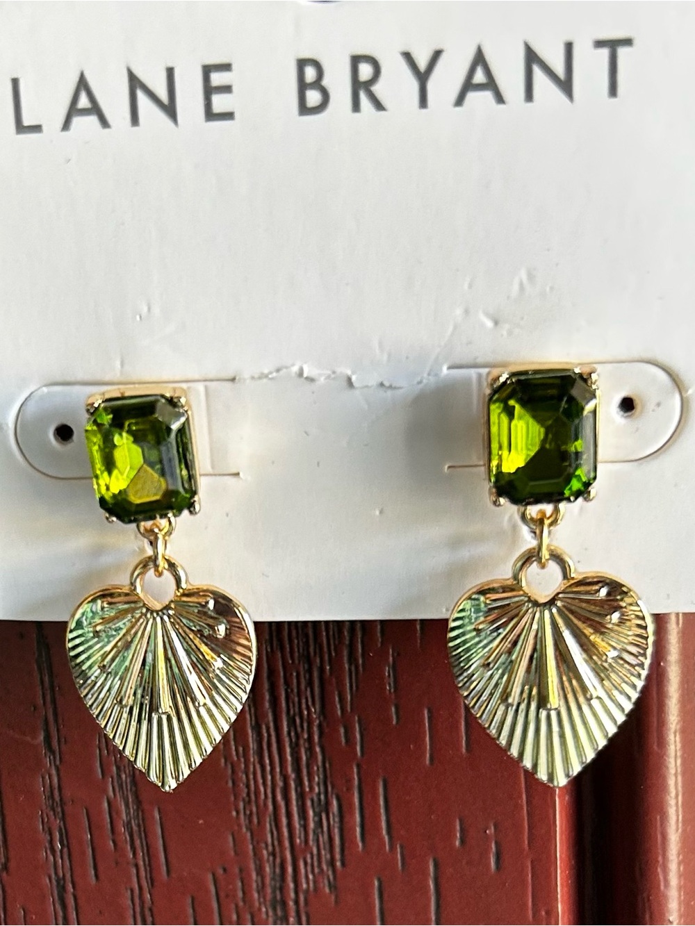 Lane Bryant Gold Heart Earrings with Olive Green Gem - Picture 5 of 6
